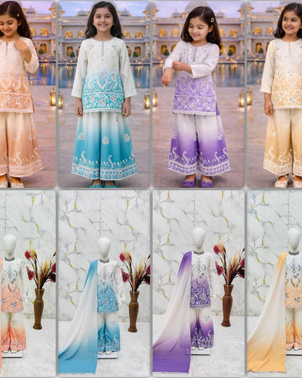 Kids Designer Party Wear Set | Embroidered Crepe Top, Palazzo & Dupatta | Festive & Eid - Rosepetals Luxe