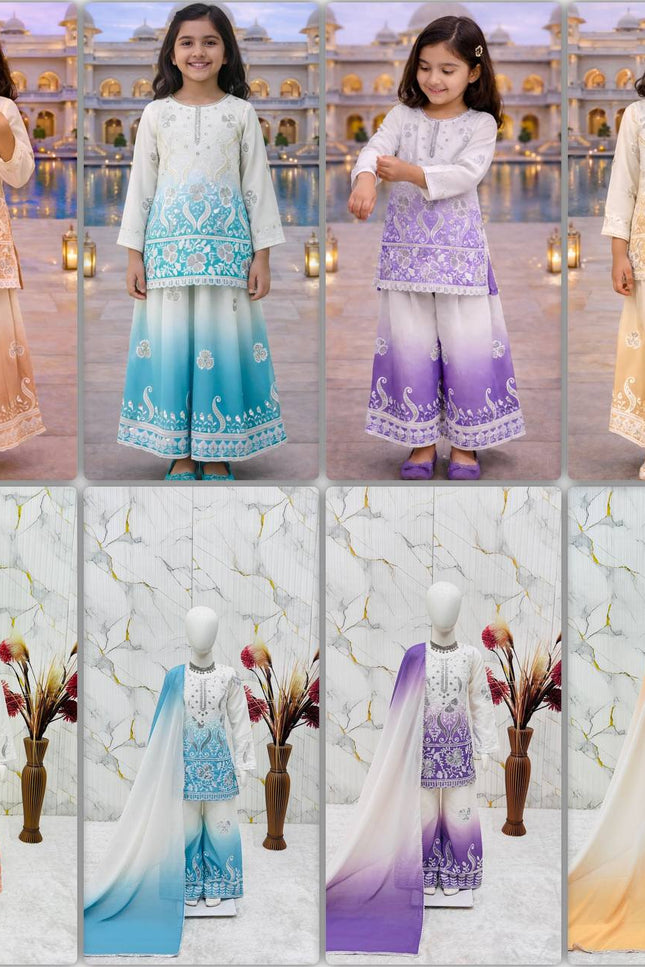 Kids Designer Party Wear Set | Embroidered Crepe Top, Palazzo & Dupatta | Festive & Eid - Rosepetals Luxe