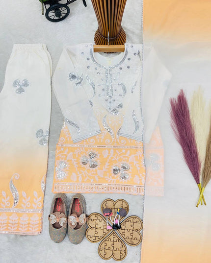 Kids Designer Party Wear Set | Embroidered Crepe Top, Palazzo & Dupatta | Festive & Eid - Rosepetals Luxe