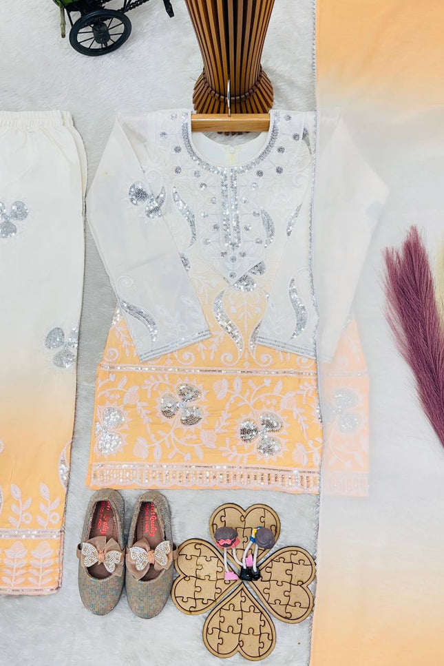 Kids Designer Party Wear Set | Embroidered Crepe Top, Palazzo & Dupatta | Festive & Eid - Rosepetals Luxe