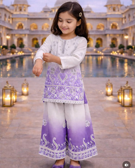 Kids Designer Party Wear Set | Embroidered Crepe Top, Palazzo & Dupatta | Festive & Eid - Rosepetals Luxe