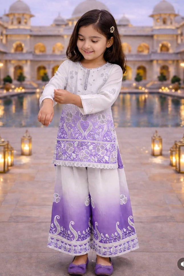 Kids Designer Party Wear Set | Embroidered Crepe Top, Palazzo & Dupatta | Festive & Eid - Rosepetals Luxe
