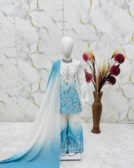 Kids Designer Party Wear Set | Embroidered Crepe Top, Palazzo & Dupatta | Festive & Eid - Rosepetals Luxe