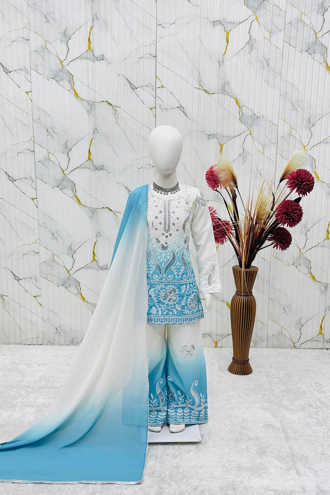 Kids Designer Party Wear Set | Embroidered Crepe Top, Palazzo & Dupatta | Festive & Eid - Rosepetals Luxe