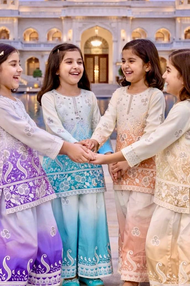 Kids Designer Party Wear Set | Embroidered Crepe Top, Palazzo & Dupatta | Festive & Eid - Rosepetals Luxe