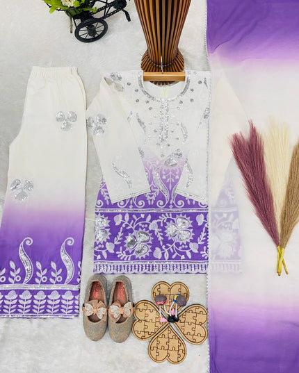 Kids Designer Party Wear Set | Embroidered Crepe Top, Palazzo & Dupatta | Festive & Eid - Rosepetals Luxe
