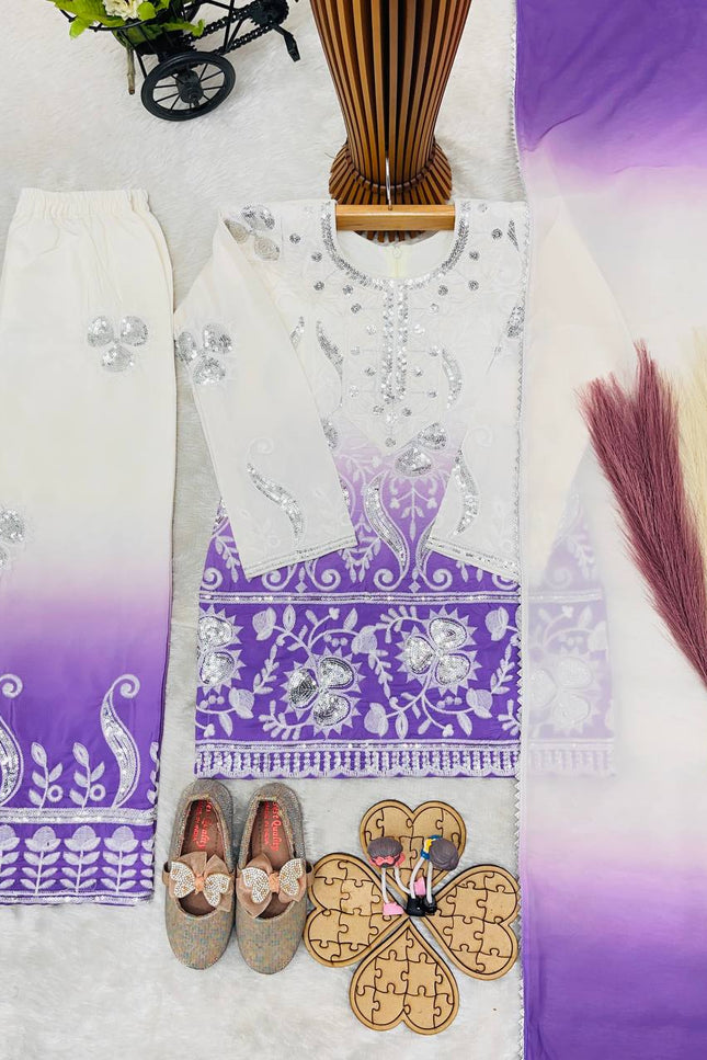 Kids Designer Party Wear Set | Embroidered Crepe Top, Palazzo & Dupatta | Festive & Eid - Rosepetals Luxe