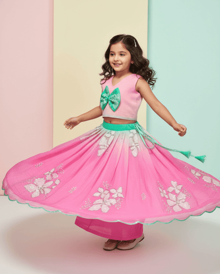 Kids Dual Tone Lehenga Top Set with Sequins Embroidery - Rosepetals Luxe