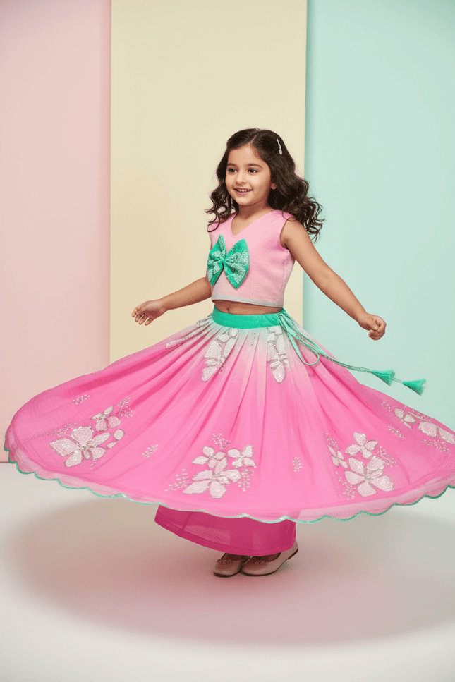 Kids Dual Tone Lehenga Top Set with Sequins Embroidery - Rosepetals Luxe
