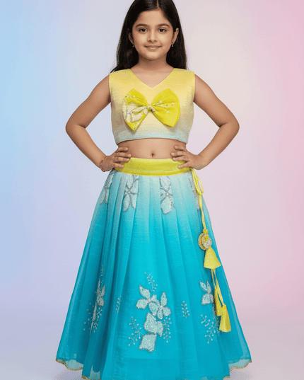 Kids Dual Tone Lehenga Top Set with Sequins Embroidery - Rosepetals Luxe