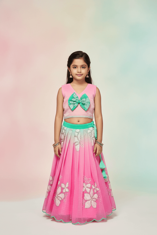 Kids Dual Tone Lehenga Top Set with Sequins Embroidery - Rosepetals Luxe
