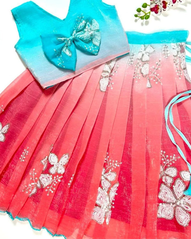 Kids Dual Tone Lehenga Top Set with Sequins Embroidery - Rosepetals Luxe