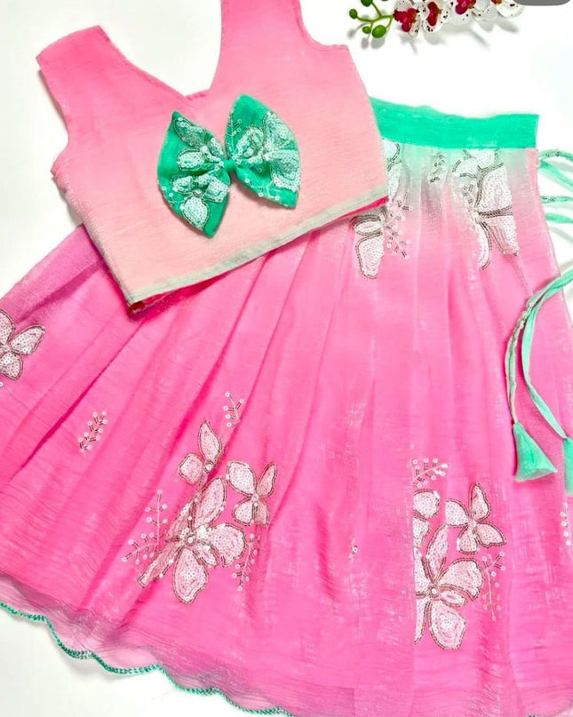 Kids Dual Tone Lehenga Top Set with Sequins Embroidery - Rosepetals Luxe