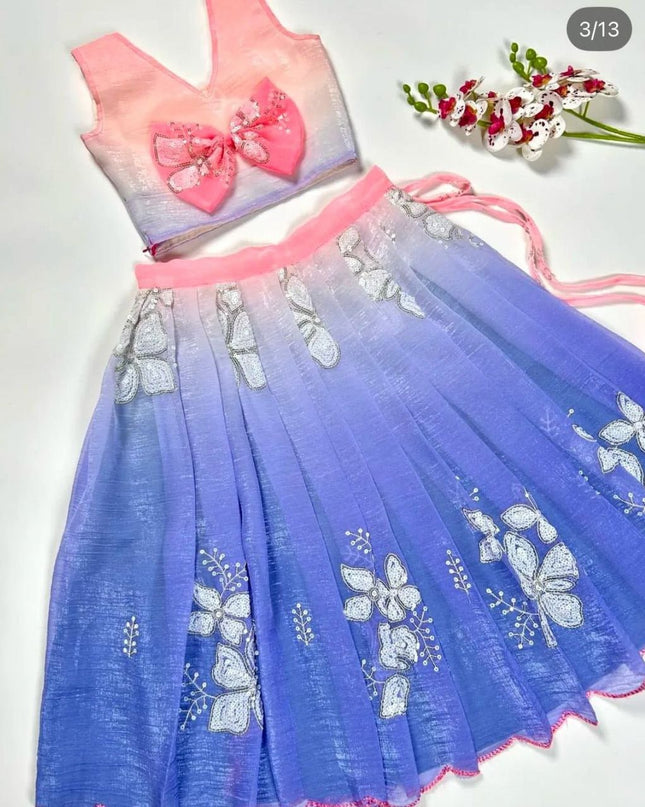 Kids Dual Tone Lehenga Top Set with Sequins Embroidery - Rosepetals Luxe