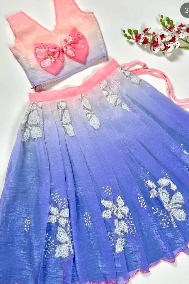 Kids Dual Tone Lehenga Top Set with Sequins Embroidery - Rosepetals Luxe