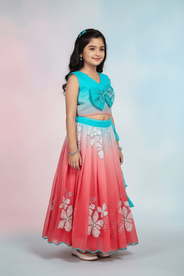 Kids Dual Tone Lehenga Top Set with Sequins Embroidery - Rosepetals Luxe