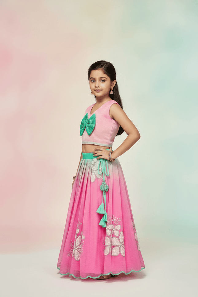 Kids Dual Tone Lehenga Top Set with Sequins Embroidery - Rosepetals Luxe