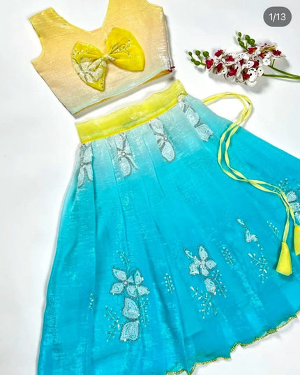 Kids Dual Tone Lehenga Top Set with Sequins Embroidery - Rosepetals Luxe