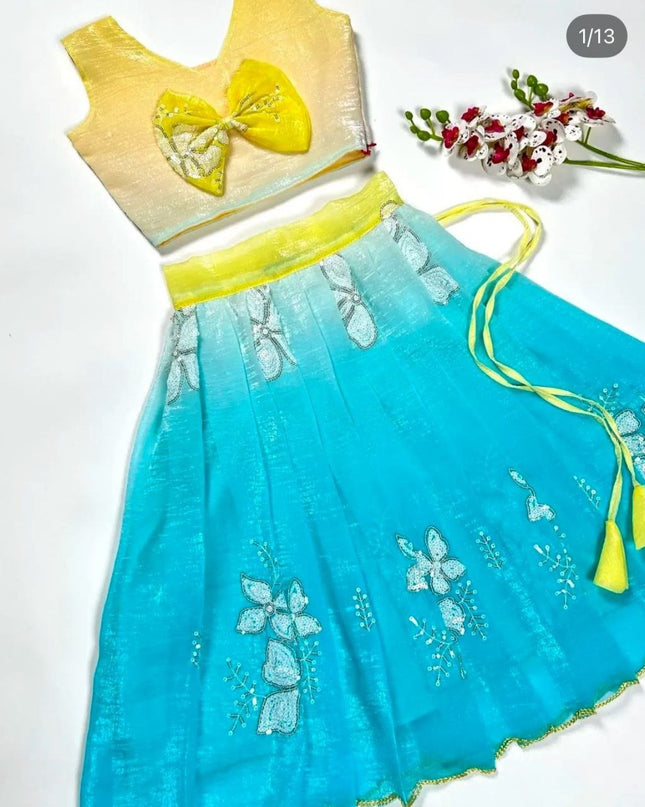 Kids Dual Tone Lehenga Top Set with Sequins Embroidery - Rosepetals Luxe