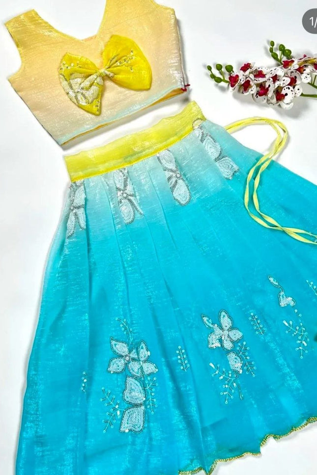 Kids Dual Tone Lehenga Top Set with Sequins Embroidery - Rosepetals Luxe