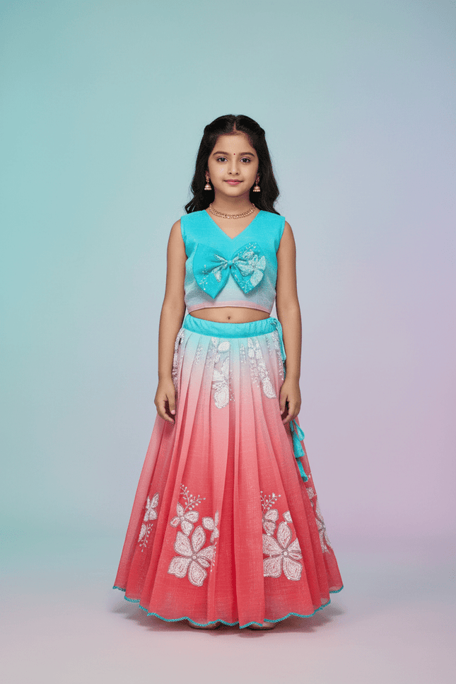 Kids Dual Tone Lehenga Top Set with Sequins Embroidery - Rosepetals Luxe