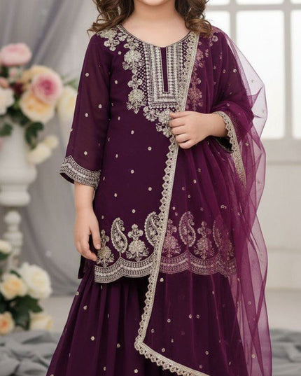 Kids Faux Georgette Top Palazzo Dupatta Set with Sequins Embroidery - Rosepetals Luxe