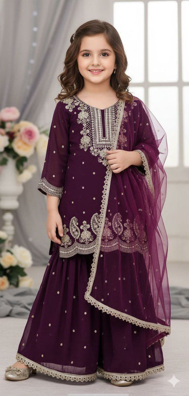 Kids Faux Georgette Top Palazzo Dupatta Set with Sequins Embroidery - Rosepetals Luxe