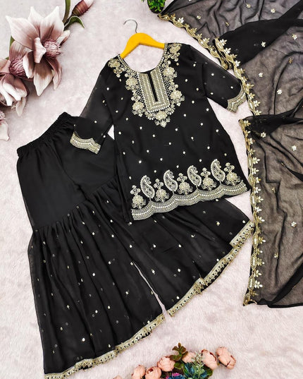 Kids Faux Georgette Top Palazzo Dupatta Set with Sequins Embroidery - Rosepetals Luxe