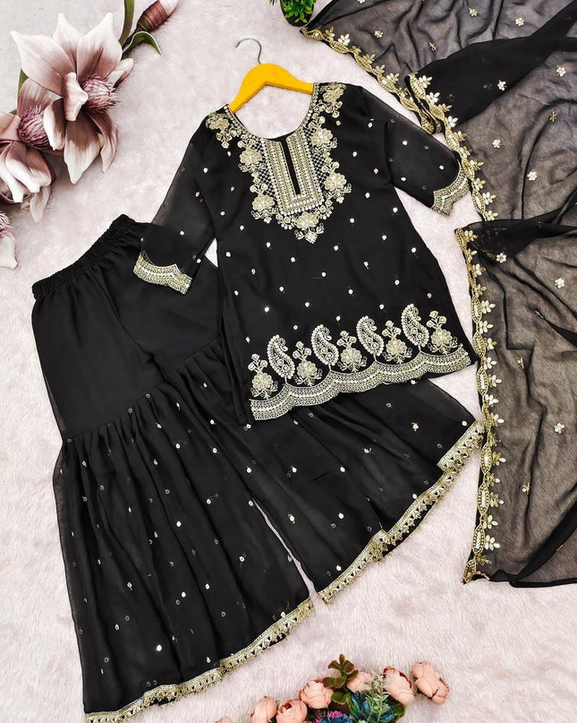 Kids Faux Georgette Top Palazzo Dupatta Set with Sequins Embroidery - Rosepetals Luxe