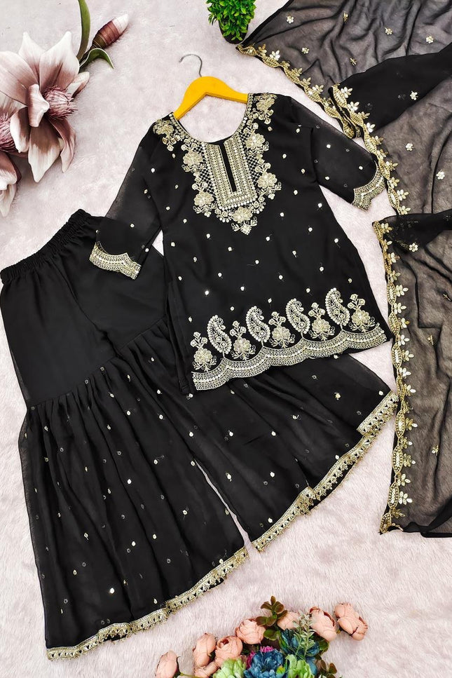 Kids Faux Georgette Top Palazzo Dupatta Set with Sequins Embroidery - Rosepetals Luxe