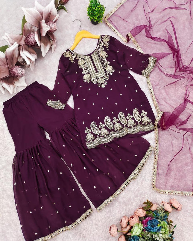 Kids Faux Georgette Top Palazzo Dupatta Set with Sequins Embroidery - Rosepetals Luxe