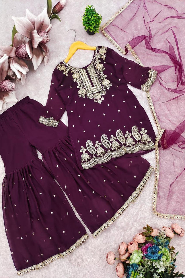 Kids Faux Georgette Top Palazzo Dupatta Set with Sequins Embroidery - Rosepetals Luxe