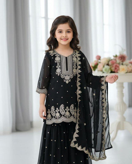Kids Faux Georgette Top Palazzo Dupatta Set with Sequins Embroidery - Rosepetals Luxe