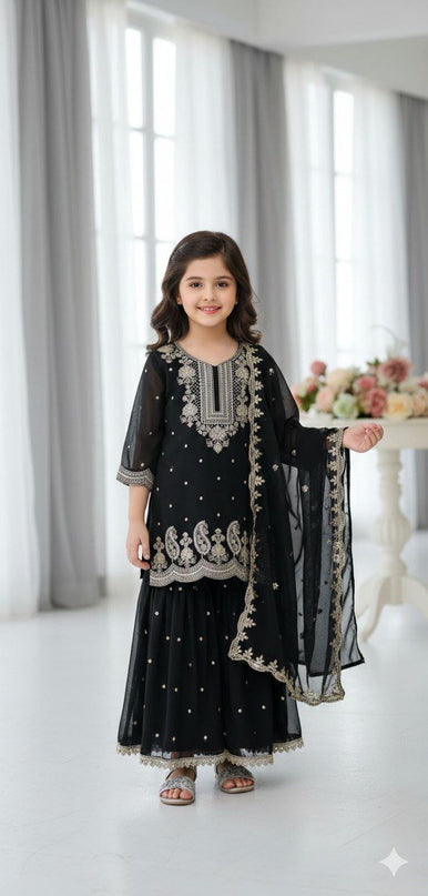 Kids Faux Georgette Top Palazzo Dupatta Set with Sequins Embroidery - Rosepetals Luxe