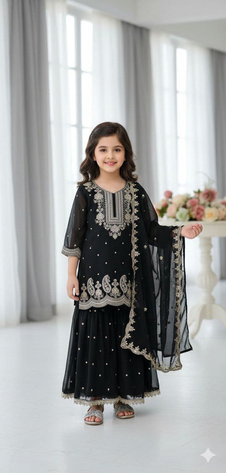Kids Faux Georgette Top Palazzo Dupatta Set with Sequins Embroidery - Rosepetals Luxe