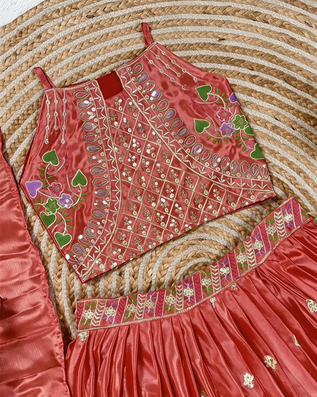 Kids Girls Chinon Silk Sequins Embroidery Lehenga Set - Rosepetals Luxe