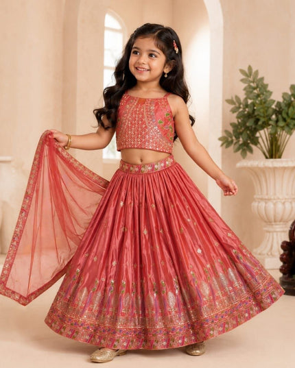 Kids Girls Chinon Silk Sequins Embroidery Lehenga Set - Rosepetals Luxe