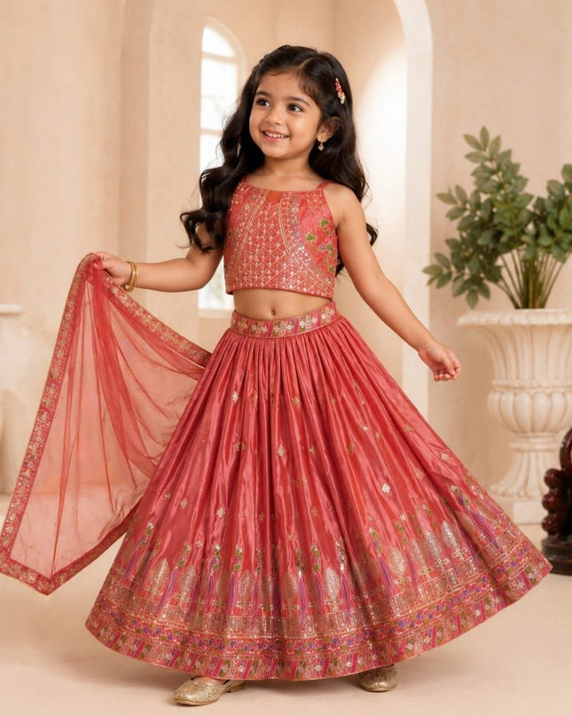 Kids Girls Chinon Silk Sequins Embroidery Lehenga Set - Rosepetals Luxe