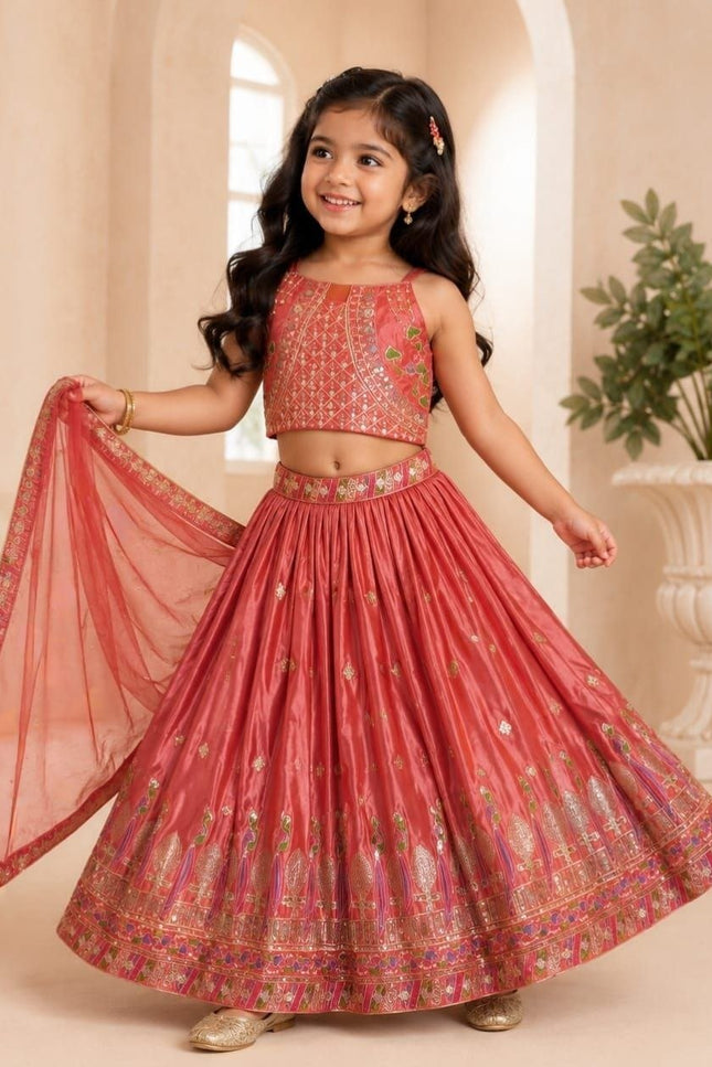 Kids Girls Chinon Silk Sequins Embroidery Lehenga Set - Rosepetals Luxe