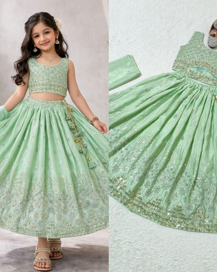 Kids Girls Fully Stitched Chinon Silk Embroidered Lehenga Set - Rosepetals Luxe
