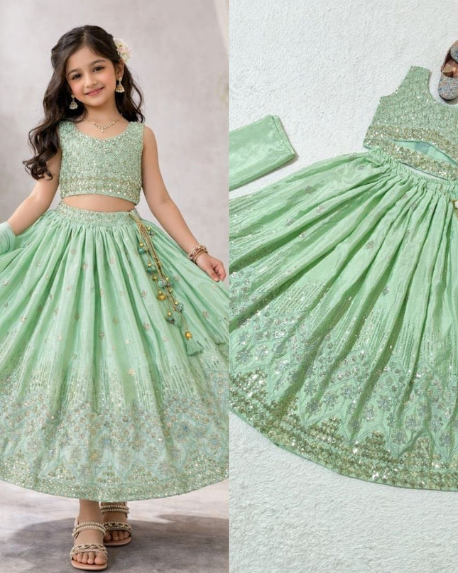 Kids Girls Fully Stitched Chinon Silk Embroidered Lehenga Set - Rosepetals Luxe
