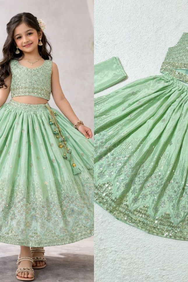 Kids Girls Fully Stitched Chinon Silk Embroidered Lehenga Set - Rosepetals Luxe