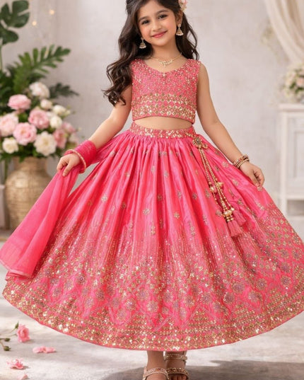 Kids Girls Fully Stitched Chinon Silk Embroidered Lehenga Set - Rosepetals Luxe