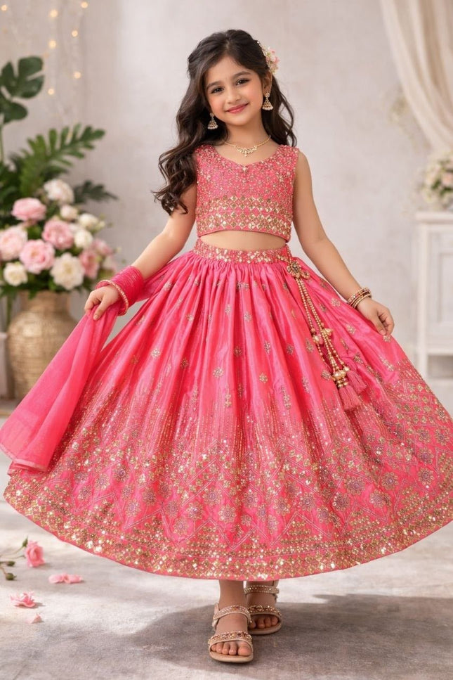 Kids Girls Fully Stitched Chinon Silk Embroidered Lehenga Set - Rosepetals Luxe