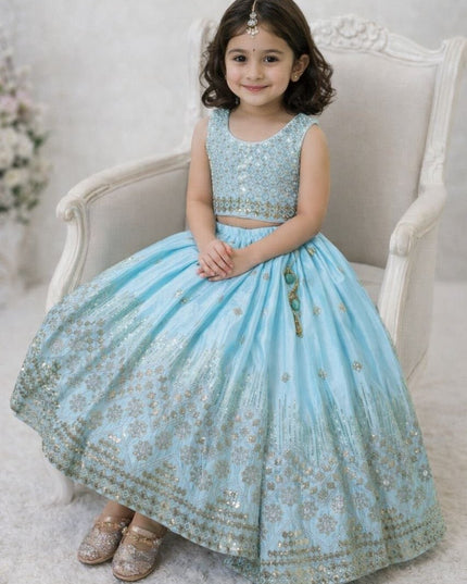 Kids Girls Fully Stitched Chinon Silk Embroidered Lehenga Set - Rosepetals Luxe