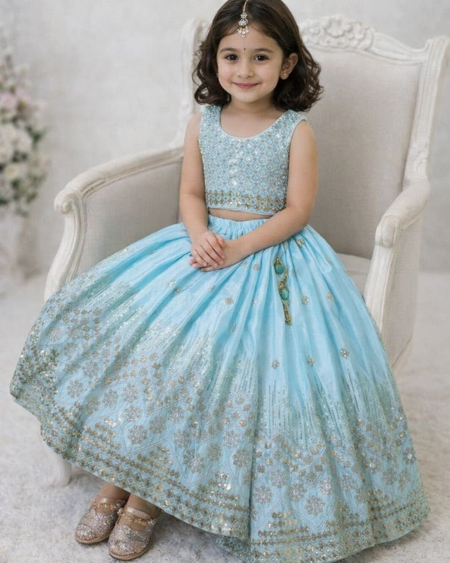 Kids Girls Fully Stitched Chinon Silk Embroidered Lehenga Set - Rosepetals Luxe