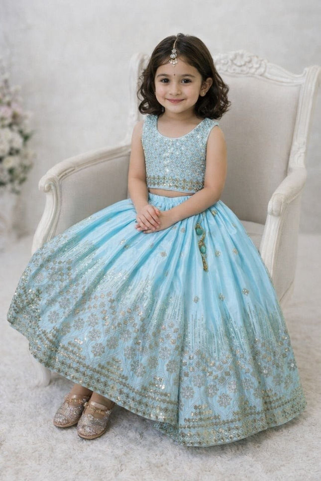 Kids Girls Fully Stitched Chinon Silk Embroidered Lehenga Set - Rosepetals Luxe