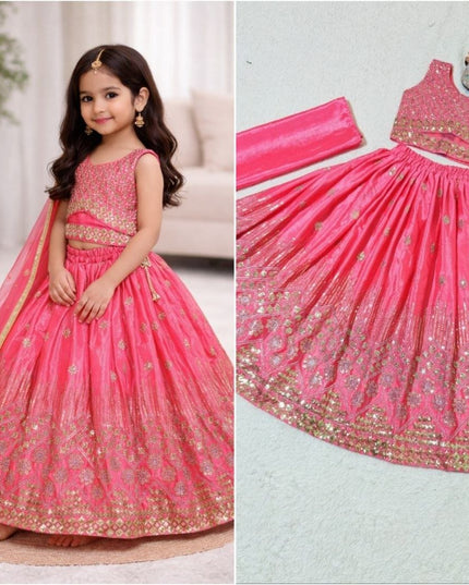 Kids Girls Chinon Silk Embroidered Lehenga Set in Rose Pink – Rosepetals Luxe
