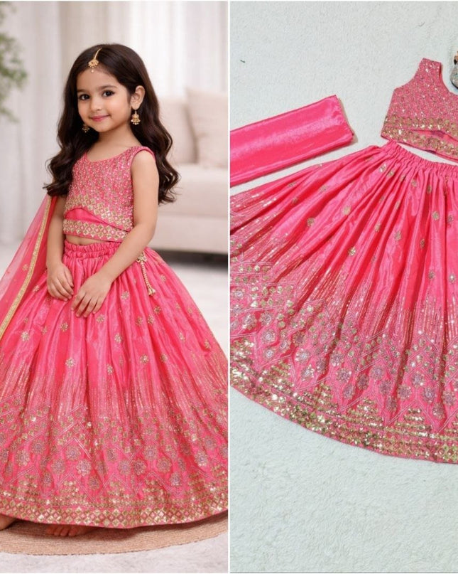Kids Girls Chinon Silk Embroidered Lehenga Set in Rose Pink – Rosepetals Luxe