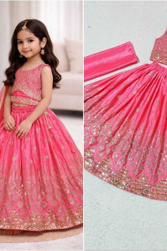 Kids Girls Chinon Silk Embroidered Lehenga Set in Rose Pink – Rosepetals Luxe